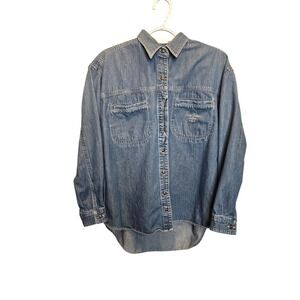 Pepe Jeans Denim Button Up Shirt Mens Large Blue Vintage Embroidered Long Sleeve